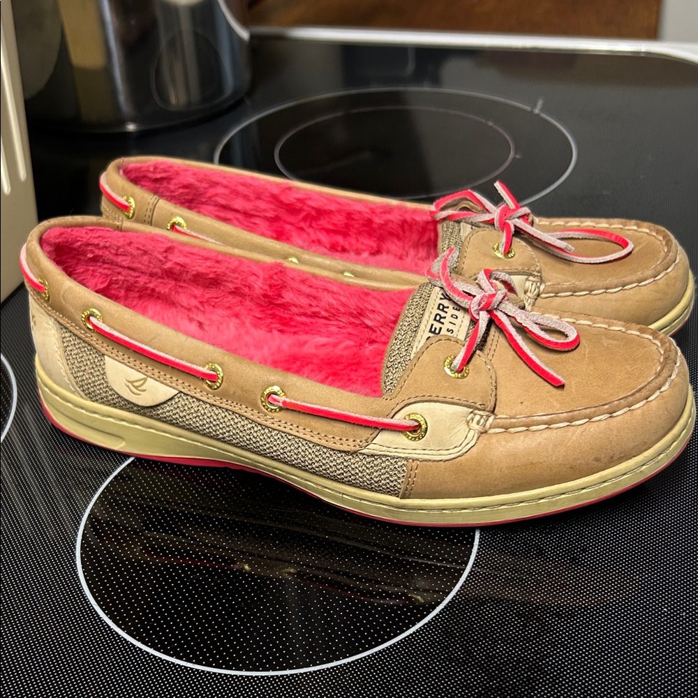 Sperry Tan Moccasins with Pink Lining